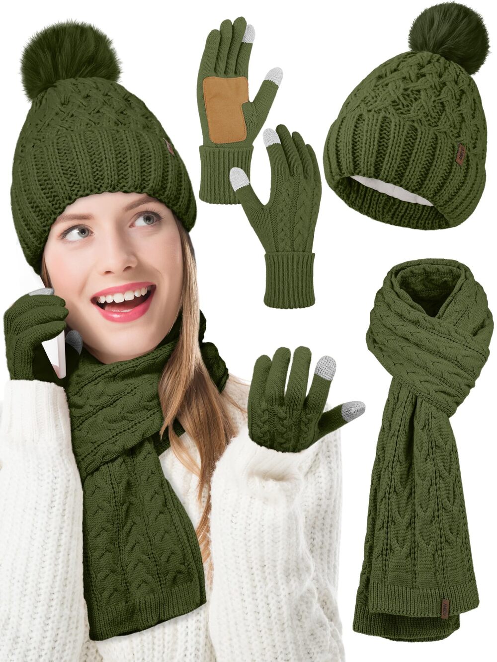 2996 Winter Beanie Hat Scarf Gloves with Pom Pom Fleece Lined Touchscreen